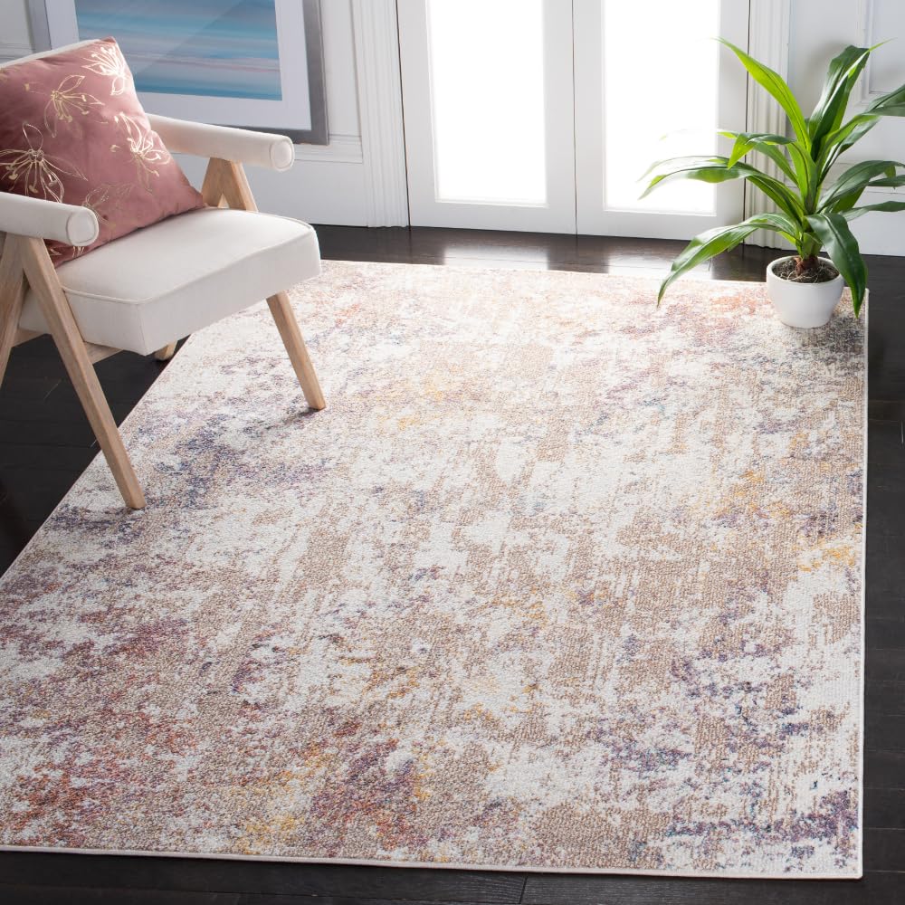 SAFAVIEH Crystal Collection Accent Rug - 4'5" x 6'5", Ivory & Beige, Abstract Distressed Design, Non-Shedding & Easy Care, Ideal for High Traffic Areas in Entryway, Living Room, Bedroom (CRS318A)