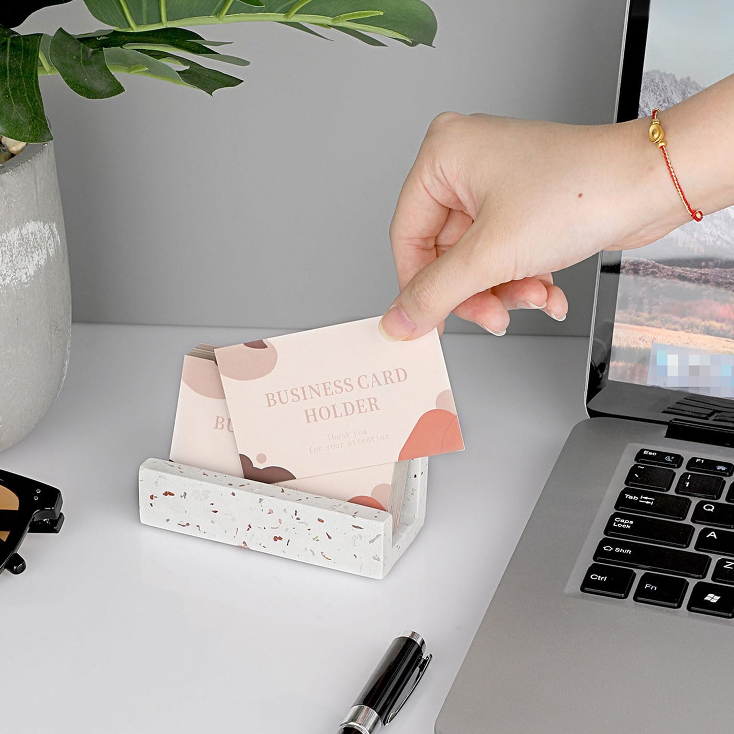 Hipiwe Business Card Holder for Desk Terrazzo Business Card Display Stand Desktop Cards Display Stand for Women Men Concrete Business Card Stand Organizer for Office