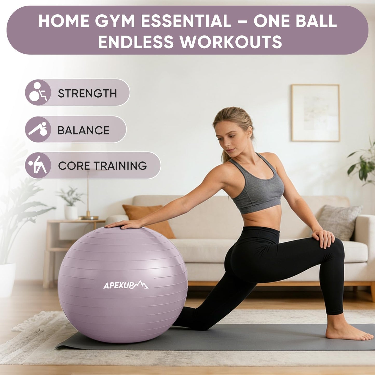 APEXUP Yoga Ball, 660 lbs Anti-Burst Exercise Ball with Pump, 5 Sizes (S (15"~18") 45cm, Mauve)