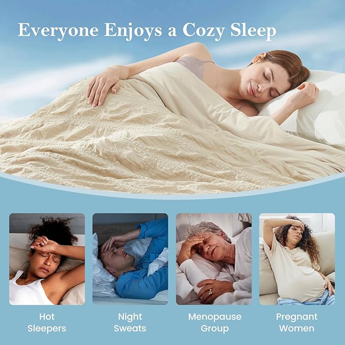 Cozy Bliss Cooling Comforter Seersucker Plaid Twin, Q-Max 0.4 Reversible Lightweight Cooling Blanket, Breathable Silk Smooth Summer Bedding Quilt for Hot Sleepers Night Sweats Khaki