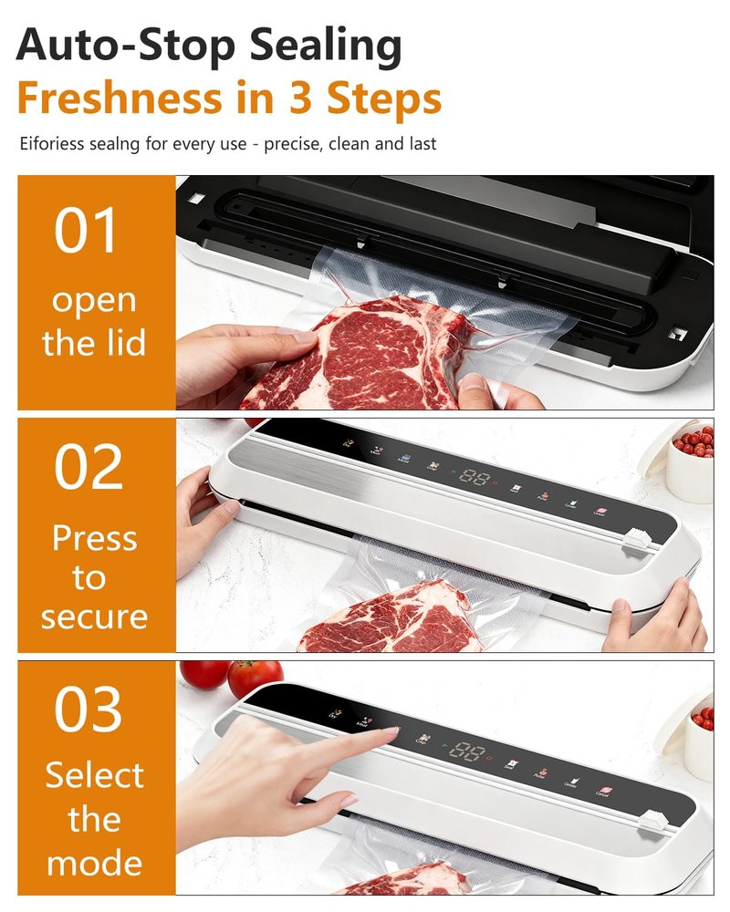 JIMYIU Vacuum Sealer, 8-in-1 Vacuum Sealer For Food, 100W, Digital Timer, Moist&Dry Mode and External VAC for Containers, Built-in Cutter & 10 Vacuum Bags （White）