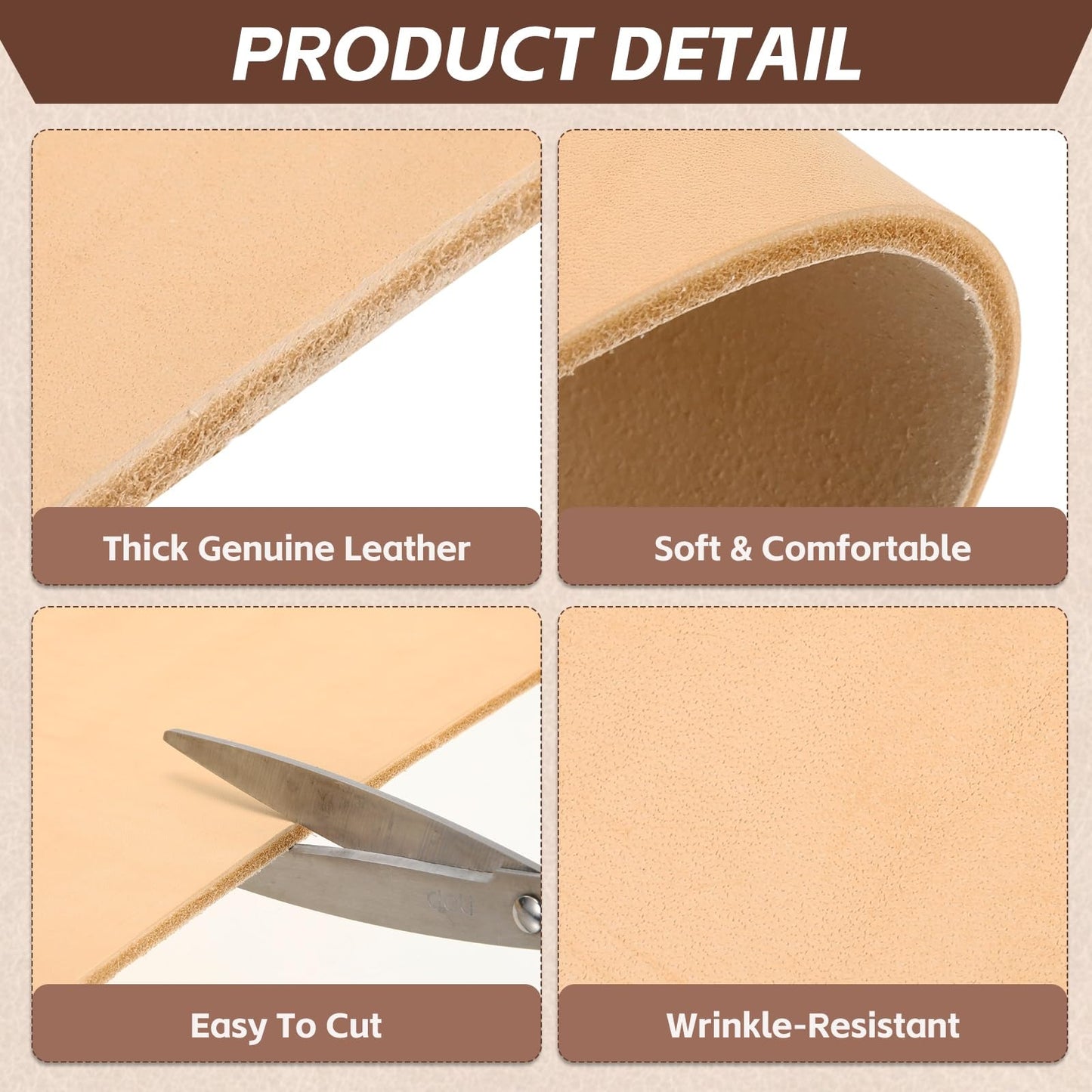Rebower Genuine Leather Sheets, 8" x 8" Flat Full Grain Cowhide Leather for Crafts, 4-4.5mm Thick Vegetable Tanned Cowhide for DIY Belt Tooling Wallet Stamping Projects, Khaki