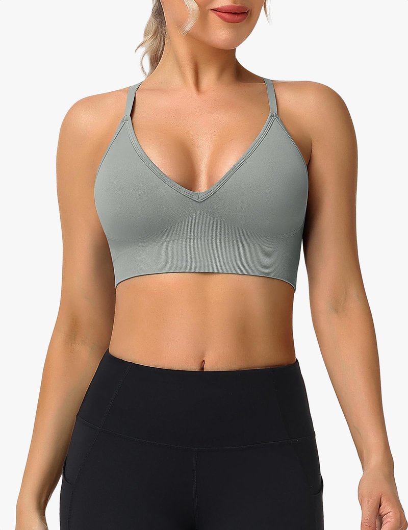 WANAYOU Sports Bras for Women, Deep V Neck Adjustable Spaghetti Strap Cross Back Sport Bra with Padding Low Support Wirefree Seamless Sexy Triangle Bralettes for Women 3 Pack Black Grey Blue Large