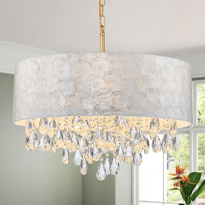 6-Lights Drum Capiz Shell Crystal Chandeliers, Coastal Style Pendant Light Fixture for Dining Room, Living Room, D24 x H23~71 inch(Adjustable), Shell Lampshade & Gold Finish