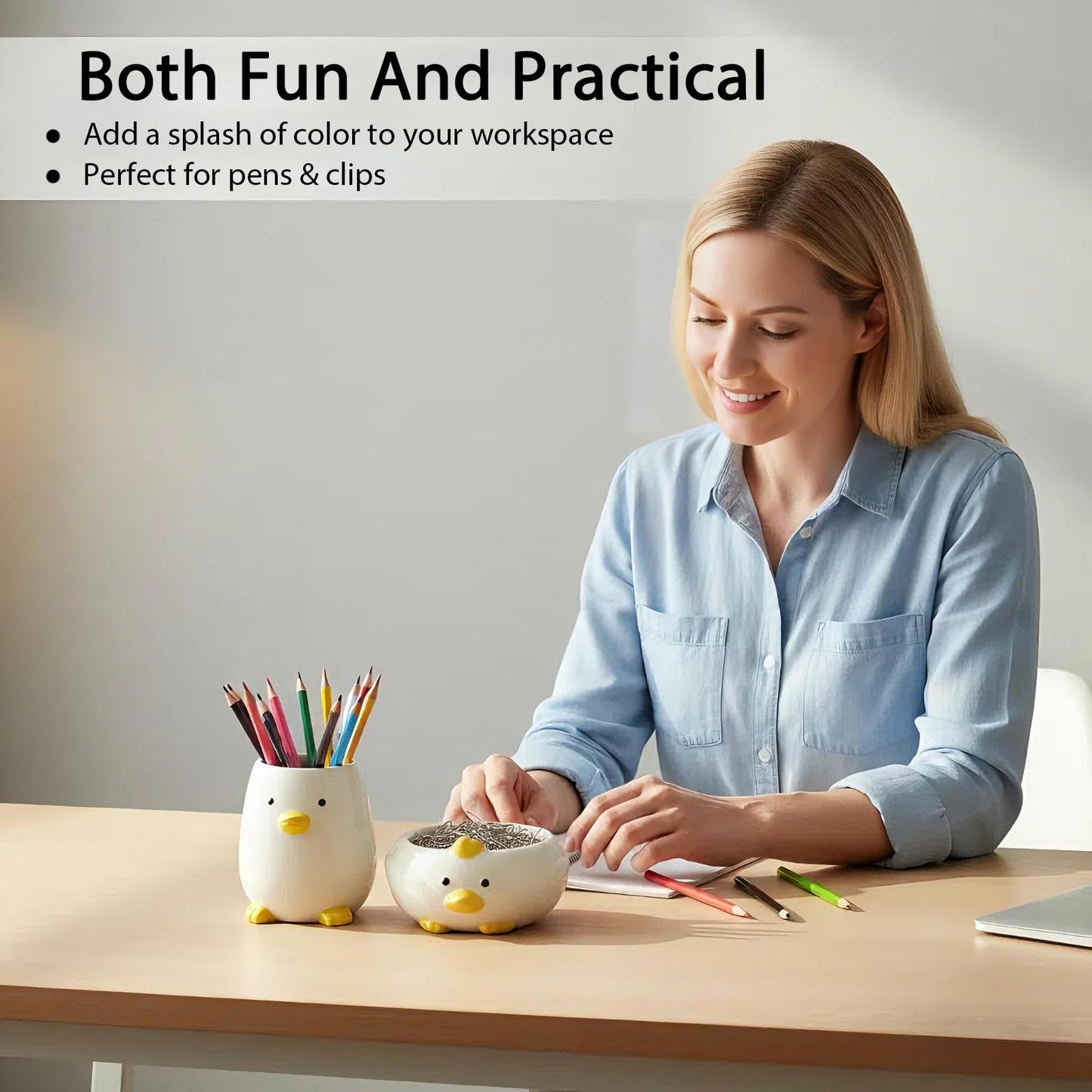 Desk Organizer Set of 2 For Office School Ceramic Pen and Paper Clip Holder for Desk Cute Cartoon Animal Stand Pencil Cup Pot Desk Organizer - Set incl. Ceramic Pen Holder and Paper Clip Holder