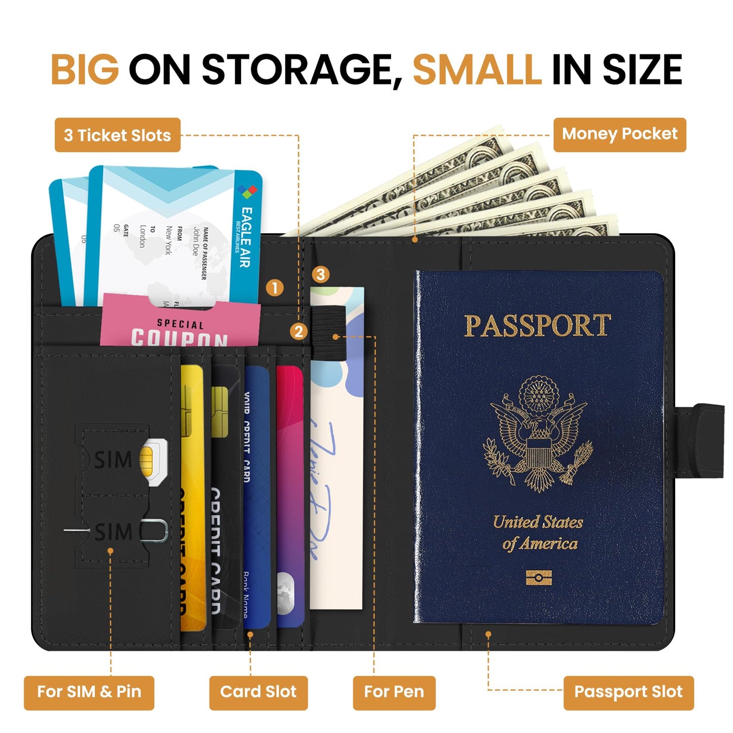 Passport Holder for Travel Essentials, RFID Blocking Leather Cover Wallet with Magnetic Closure, Aesthetic & Cute Passport Book Case for Women and Men - Black