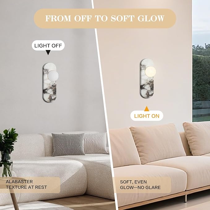 Natural Marble Wall Sconce with Alabaster Glass Globe, Modern Hardwired Wall Light Fixture for Bedroom, Bathroom, Dining Room, Hallway, Stairs (1-Light Sconce)