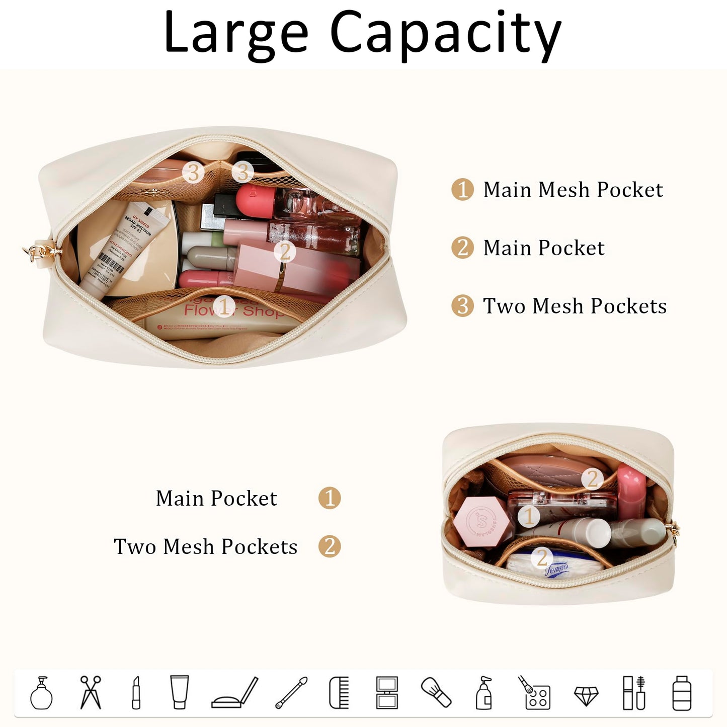 CLOUDWINGS Personalized Birthday Gifts for Women - Initial Makeup Bag Set Travel Toiletry Bag Cosmetic Bags Soft Waterproof PU Leather Makeup Pouch Travel Essentials (T, 2pcs Beige)