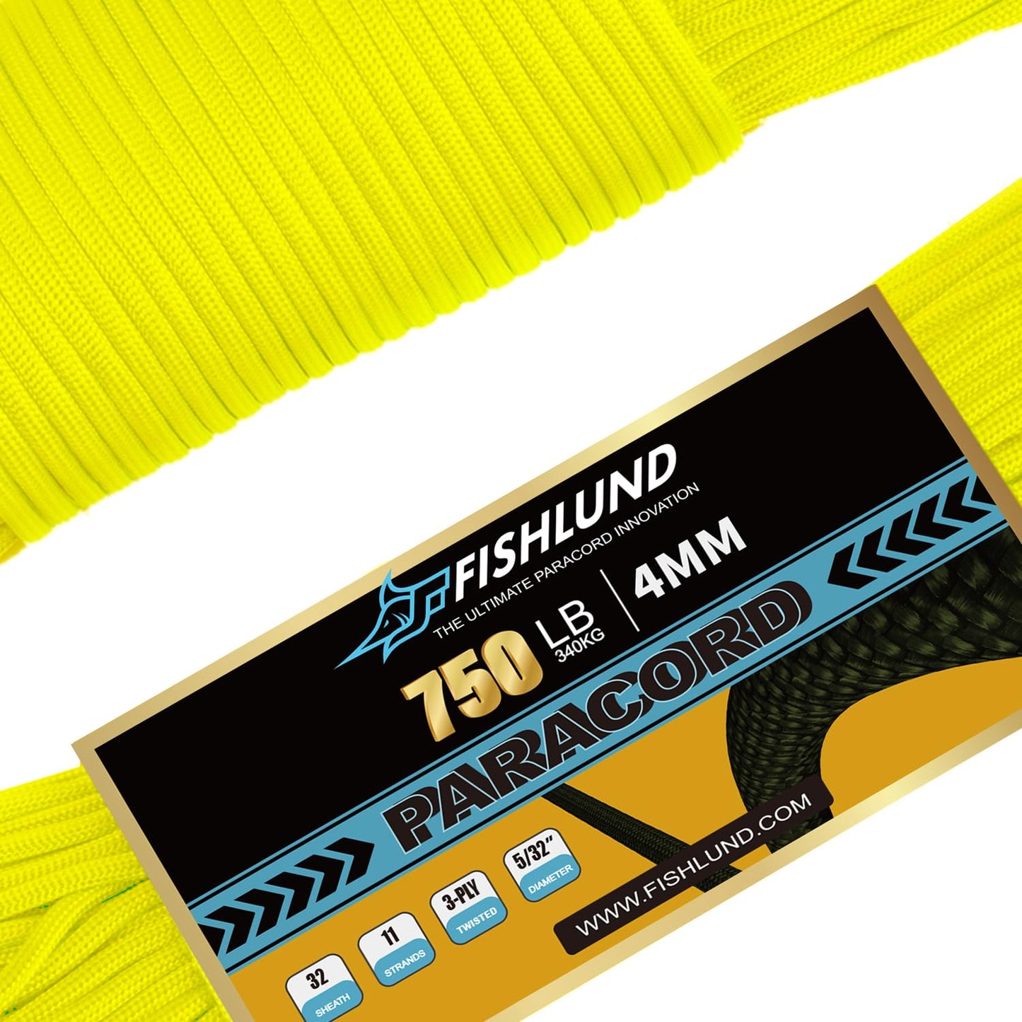 FISHLUND 750lb Paracord, 4mm 11 Strand Parachute Cord, Heavy Duty Nylon Paracord Rope for Camping, Outdoor, Neon Yellow, 50FT
