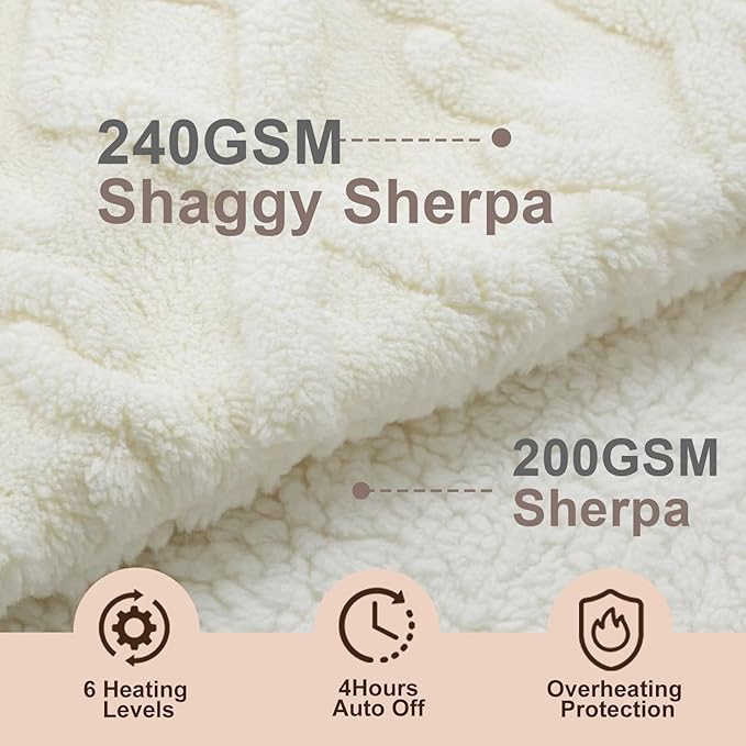 SnugLife Heated Blanket Electric Throw,50" x 60" Fast Heating Electric Blanket with 6 Heat Levels & 4 Hours Auto-Off,Ultra Coza & Warm Heated Throw with ETL Certification,Over-Heat Protection(White)