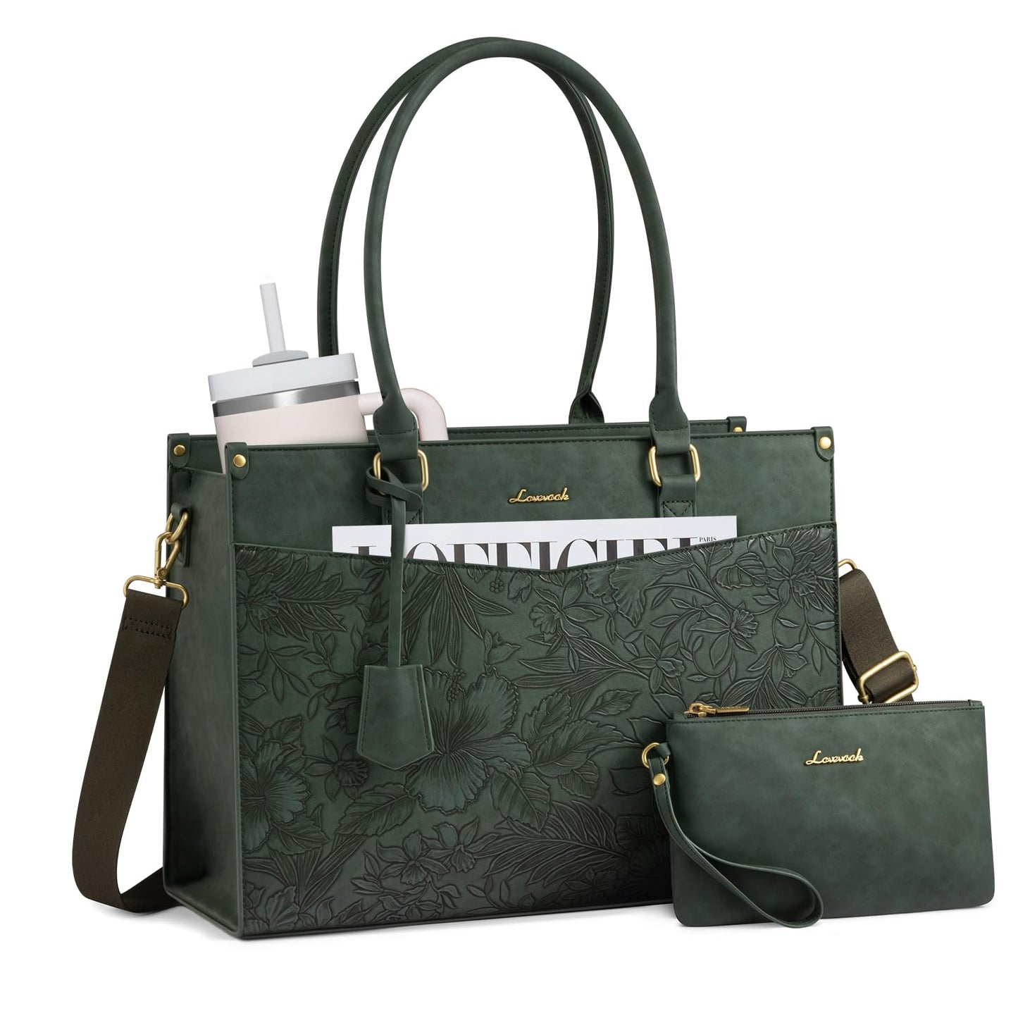 LOVEVOOK Vintage Laptop Tote for Women 15.6 inch, 2-in-1 Leather Structured Briefcase with compartments and Clutch, Large Capacity Waterproof Multi Pocket Tote Bag, Green