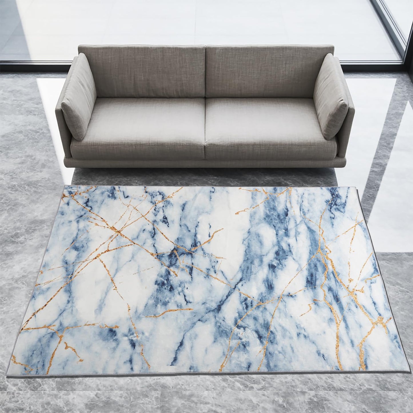 HOISUN Non-Slip Marble Pattern 6x9ft Area Rug with Gold Veins,Low Pile Modern Minimalist Design, Durable & Easy - Clean, Perfect for Living Room, Bedroom, or Dining Room-Blue
