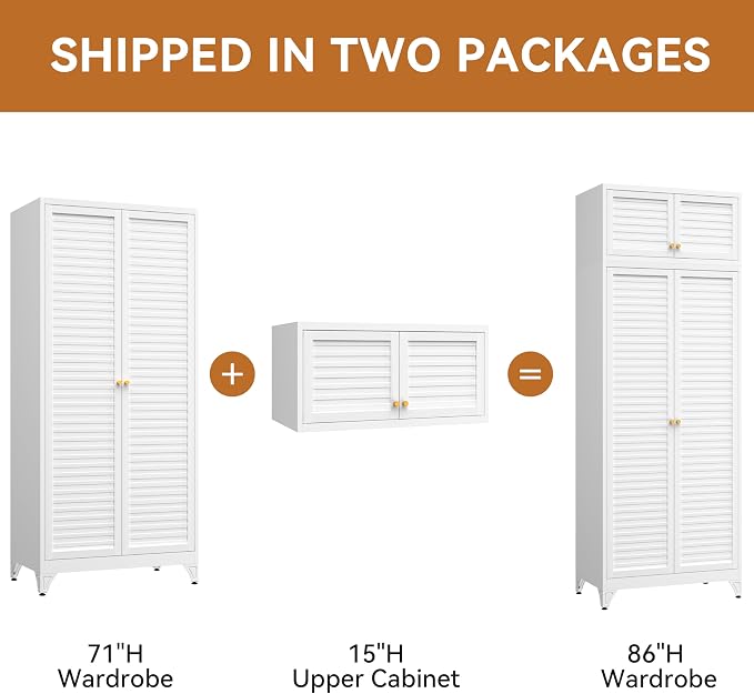 Polup Metal Armoire Wardrobe Closet, 86" Tall Wardrobe Armoire with Hanging Rod, Almirah for Clothes with Doors, 18" D x 32" W x 86" H, White, Assemble Required, Shipped in Two Packages
