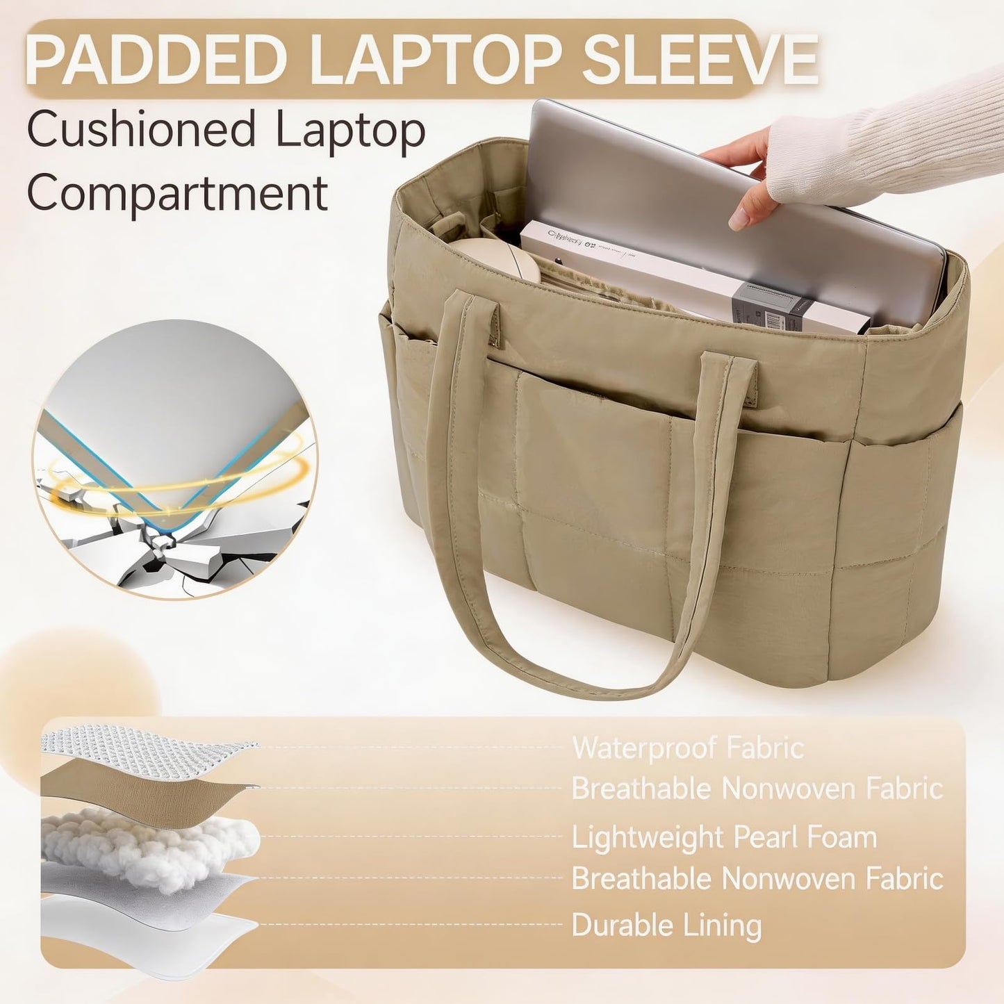 SODEER Travel Tote Bag for Women Puffer, Quilted Work Tote with Laptop Sleeve, Lightweight Shoulder Bag with Trolley Strap & Bottle Pocket for Gym, Office, Nurse, Camel Brown