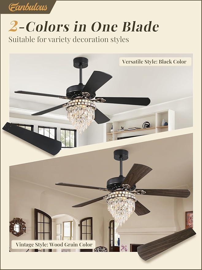 Fanbulous 60 Inch Farmhouse Fandelier Ceiling Fans with Light, Crystal Ceiling Fan Chandelier with 6 Speeds, Quiet Reversible Noiseless DC Motor, 3CCT, Indoor Ceiling Fan for Living Room Bedroom
