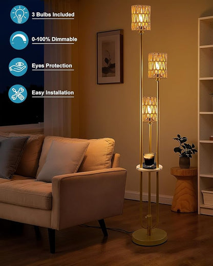 Lightdot Boho Floor Lamp with Shelves, 3-Lights Farmhouse Gold Dimmable Floor Lamp Candle Holder Style, Rustic Tall Standing Lamp with Rattan Shades for Living Room Bedroom Home Office