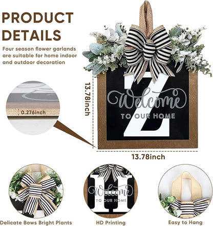 Ultra Large 14'' Last Name All Year Round Front Door Wreath with 26 Initial Letter Welcome Sign All Seasons Eucalyptus Garland and Bow Wreaths for Front Door Porch Farmhouse Decoration (Z)