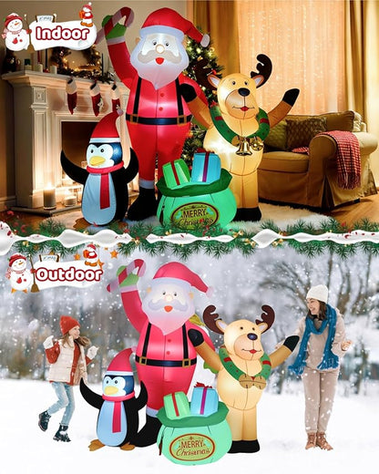 7FT Christmas Inflatables Outdoor Decorations, Blow Up Yard Decorations with Santa Claus Penguins Reindeer and Gift Bag Inflatable with LED Lights for Indoor Outdoor Yard Garden Decor