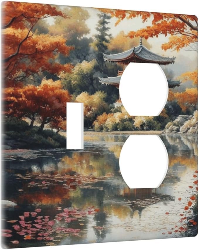 Decorative Art Light Switch Covers Lake & Pagoda in Fall 2 Gang Single Toggle Duplex Combination Electrical Faceplate Switchplate Wall Plate for Home Decor