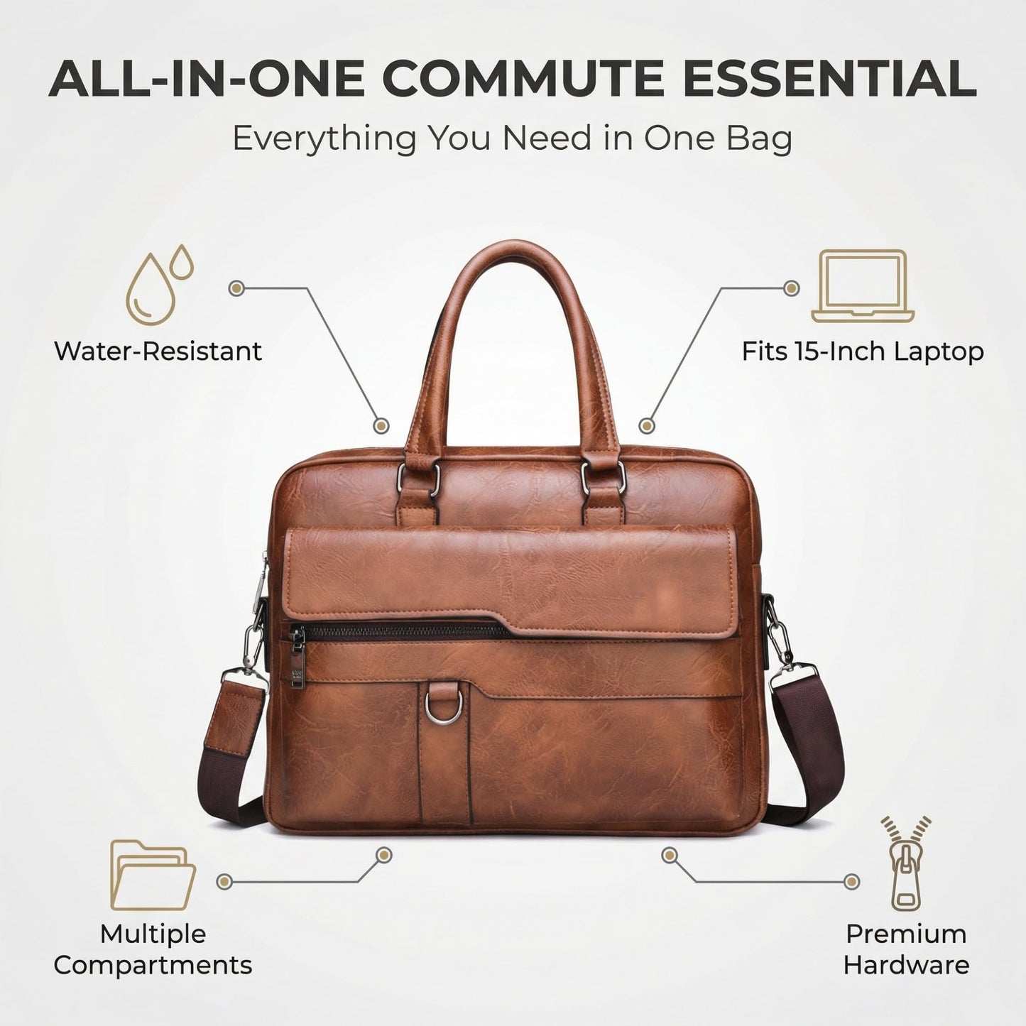 JINGTIANCD Men's Faux Leather Laptop Bag 15.7 Inch, Water-Resistant Briefcase Messenger Bag for Work, Business, Travel | Adjustable Shoulder Crossbody Office Satchel(Deep Khaki)