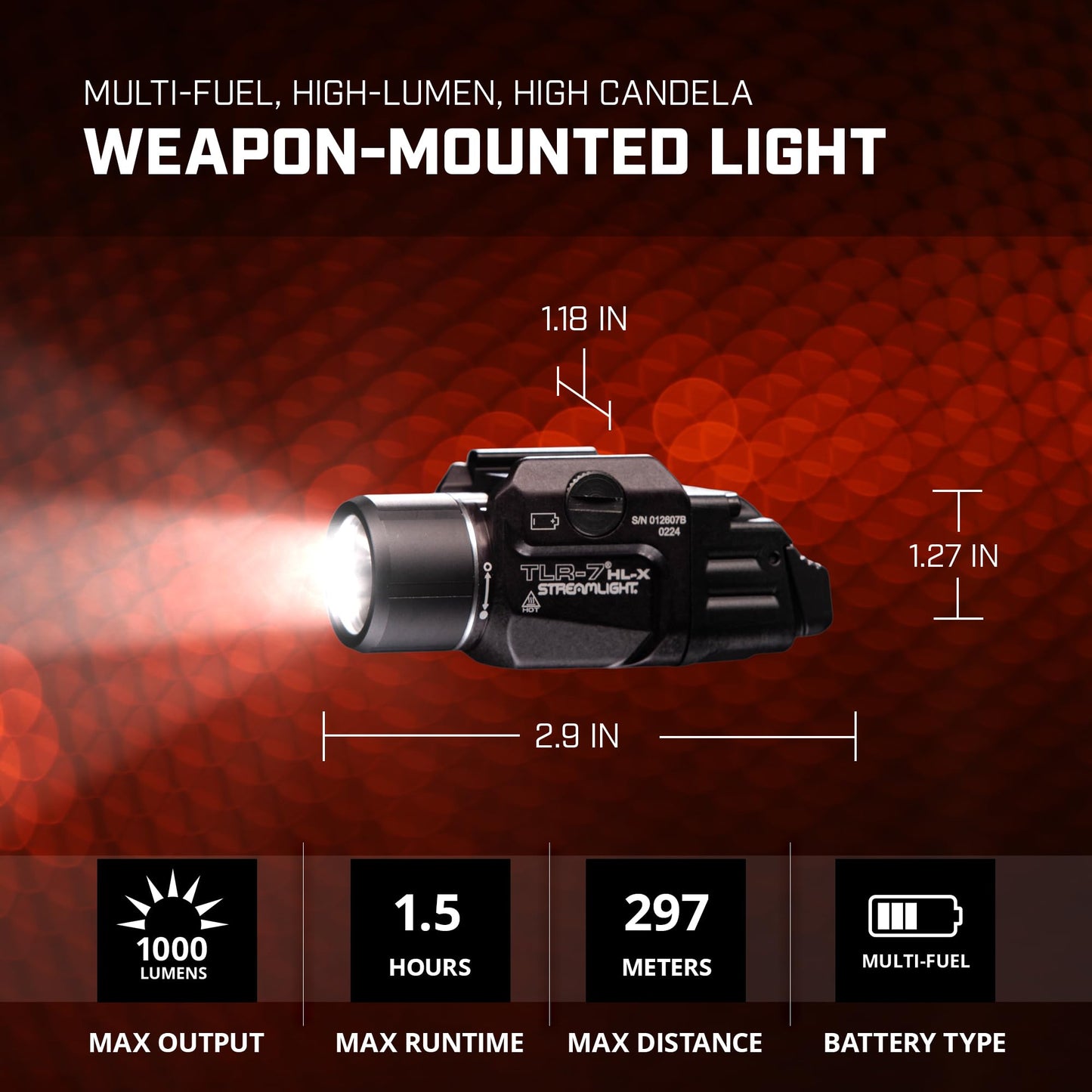 Streamlight 69458 TLR-7 HL-X USB 1000-Lumen 22000-Candela Rechargeable Rail Mounted Weapon Light with Interchangeable High & Low Switches and Key Kit, Black