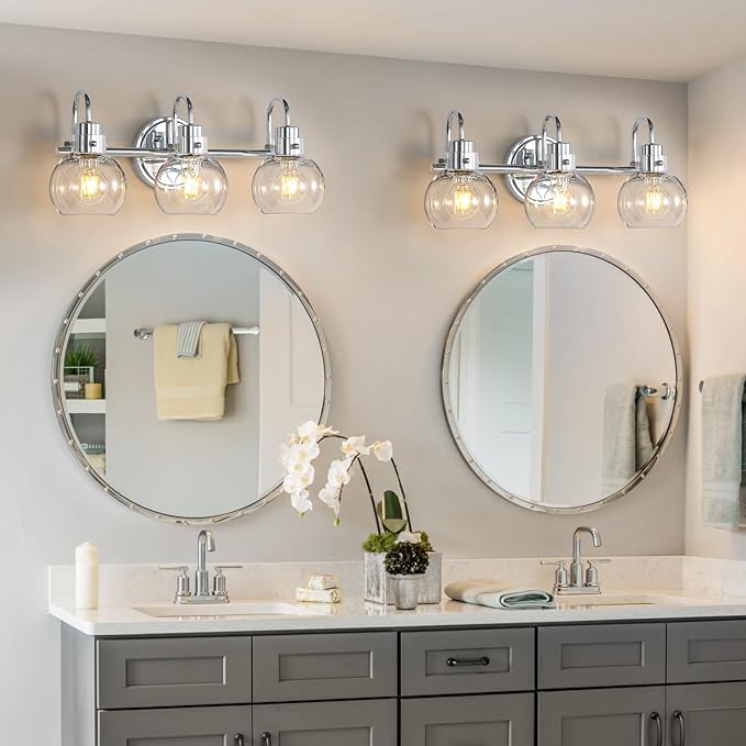 Bathroom Light Fixtures Polished Chrome 3 Light Vanity Light Wall Sconces Lighting with Clear Globe Glass Shades Bath Wall Mount Lamp for Mirror Kitchen Porch Living Room Bedroom Hallway(E26)