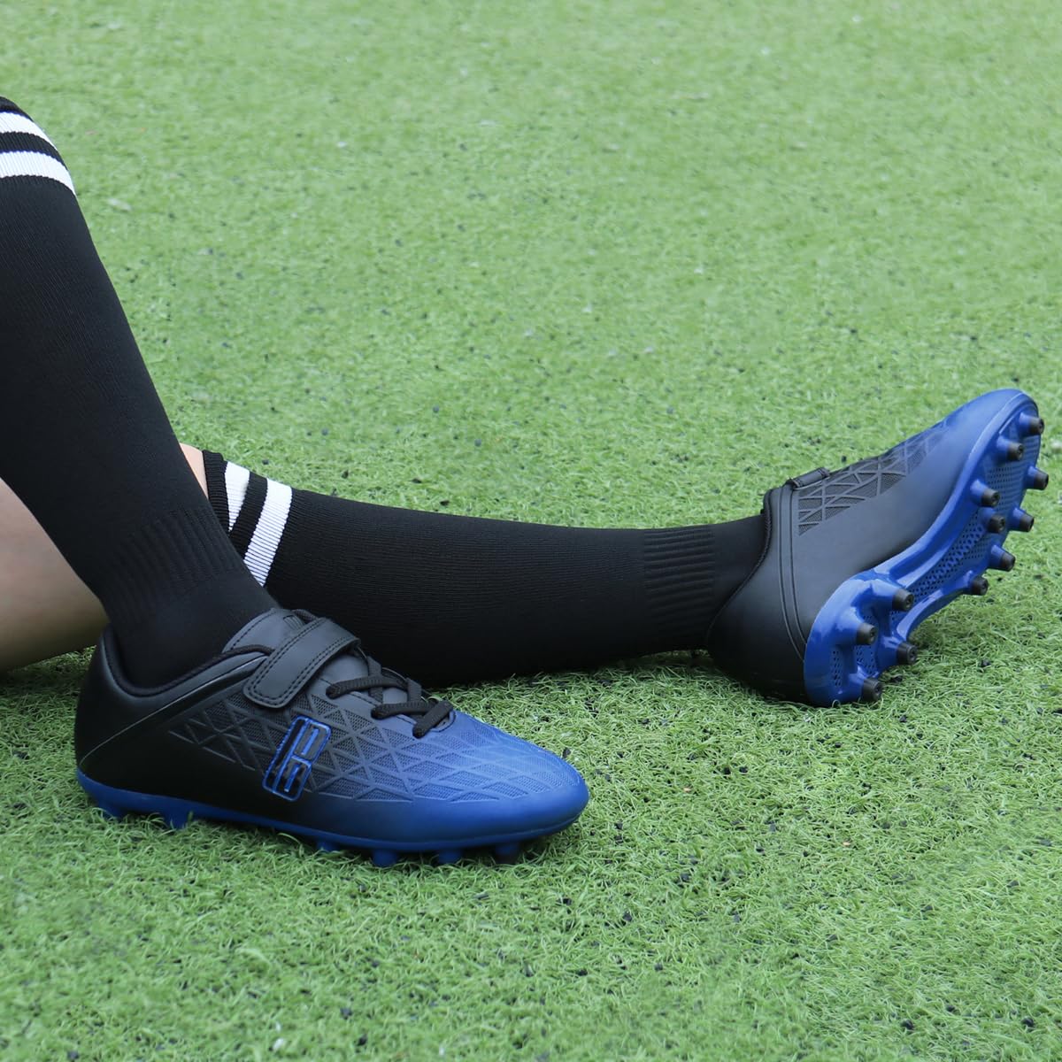 brooman Kids Firm Ground Soccer Cleats Boys Girls Athletic Outdoor Football Shoes (13,Blue Black)