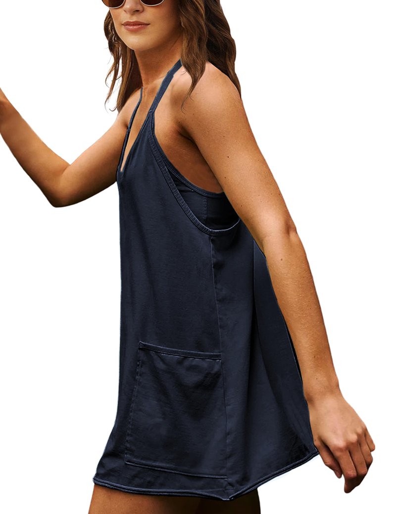 Lentta Womens Athletic Sleeveless Mini Dress with Built-in Shorts V Neck Spaghetti Strap Sundress(DarkBlue-XL)