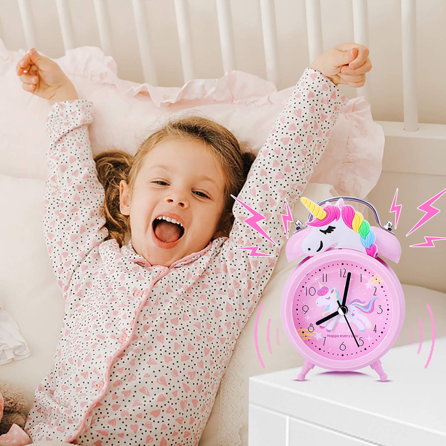 TCJJ Unicorn Alarm Clock for Girls Kids, Cute Bedroom Decoration, Non Ticking Silent Second Hand, w/Backlight Super Loud Twin Bell, for Kids Unicorn Gifts (Pink)