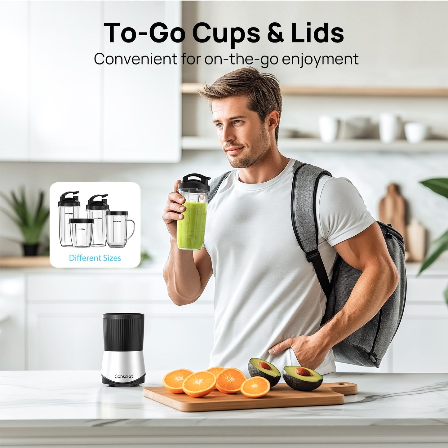 Consciot CB08 11-Piece Blender for Kitchen and Personal Size, Blend Shakes and Smoothies, Frozen Drinks, Baby Food, Spreads & More, 3 Portable To-Go Cups & 2 Spout Lids & 1 Solid Lid, 900 Peak Watts
