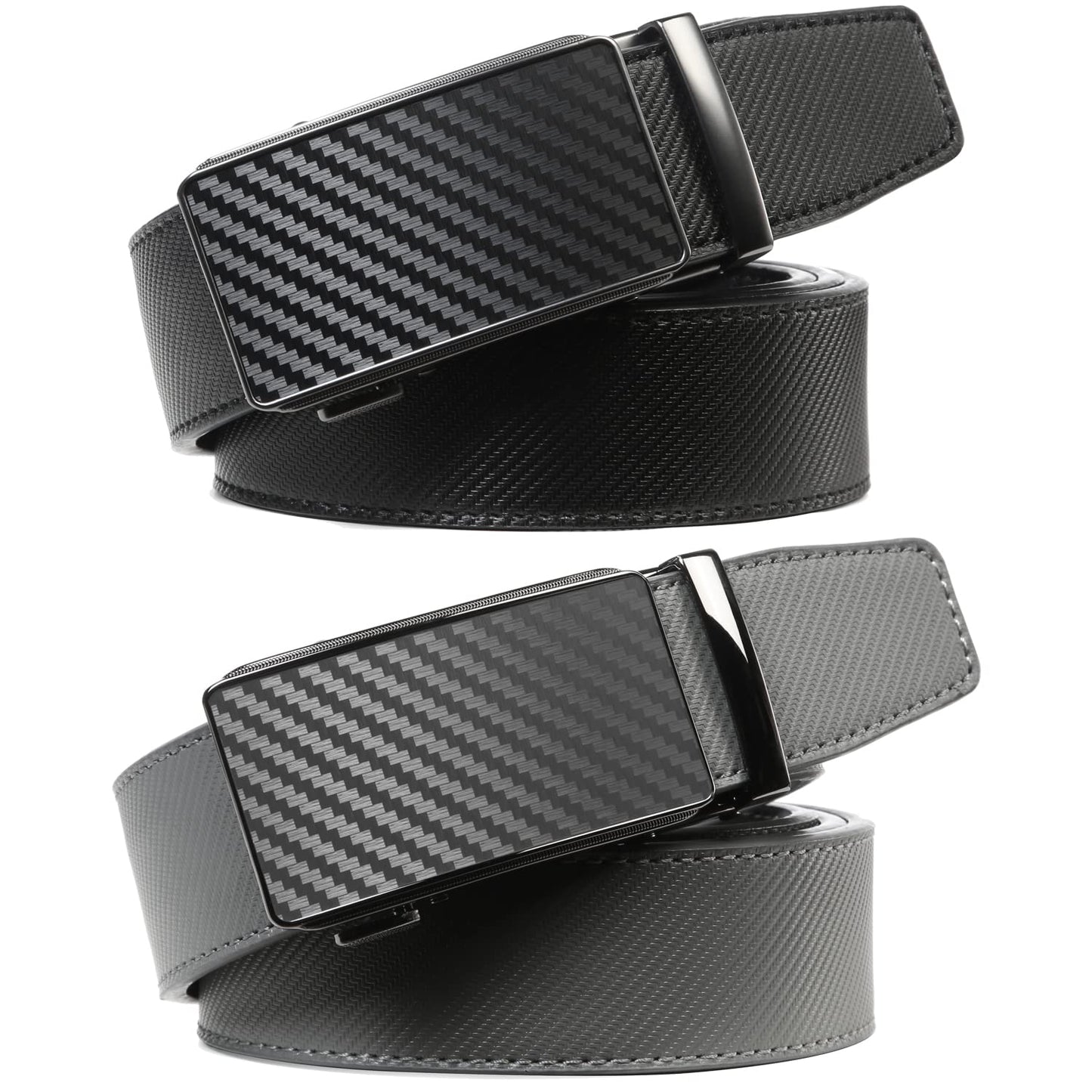 2 Pack Ratchet Belt 1 3/8", Leather Dress Belt with Click Sliding Buckle in Gift Set Box, Mens Adjustable Belt Trim to Fit (Carbon Fiber Black/Gray/Grey, 28"-42" Waist Adjustable)