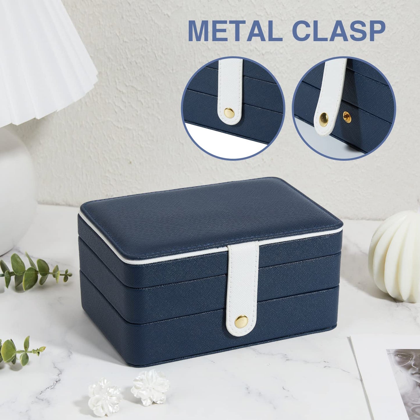 BUTI4WLD PU Leather Travel Jewelry Organizer Case for Women & Girls, 2-Layer Portable Jewelry Box for Earrings, Rings, Necklaces, Bracelets, Compact Jewelry Storage (Blue, Small)