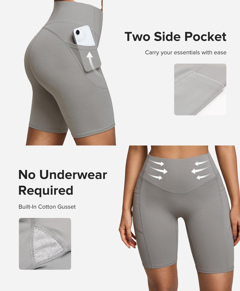 BRXL BrxlZero Biker Shorts Women Pockets 8" No Front Seam High Waisted Compression Workout Tummy Control Running Yoga Gray M