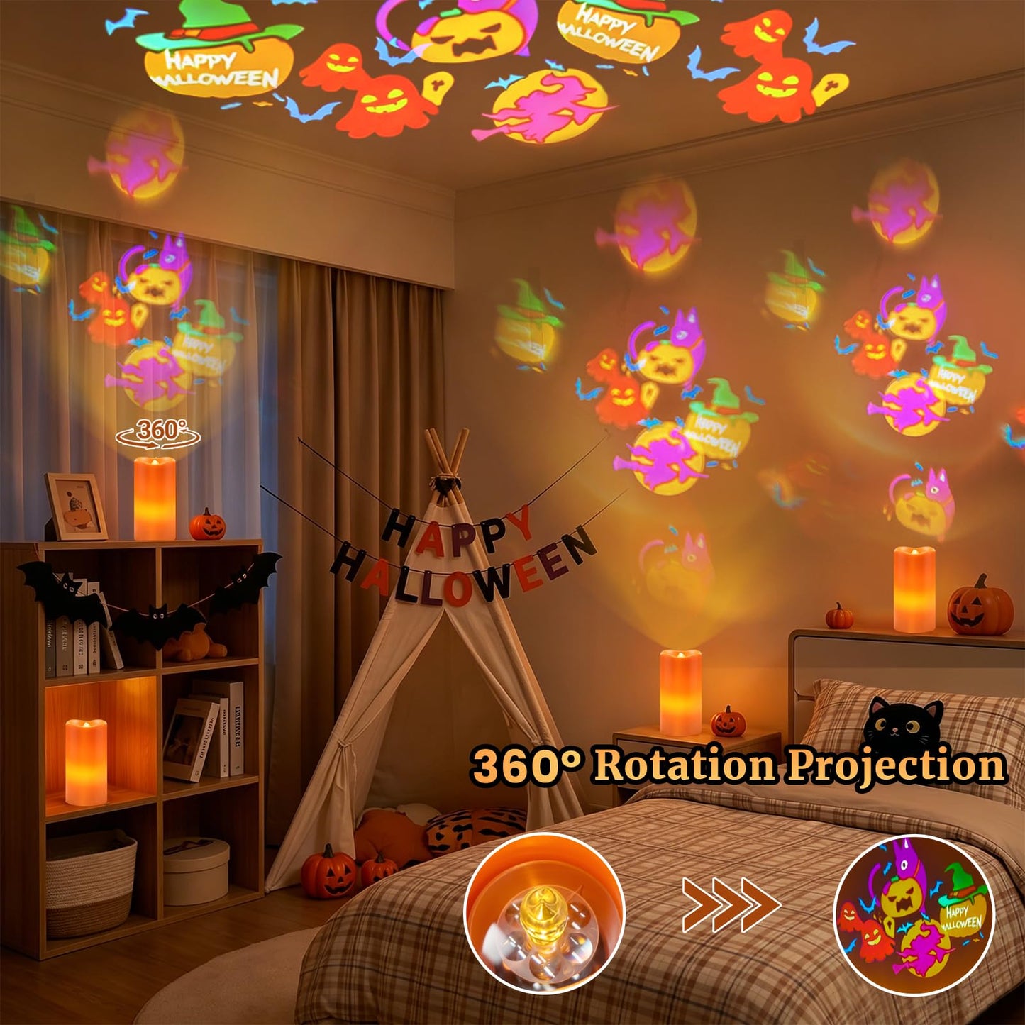 AVEKI Halloween Flameless Candles Projector, LED Pillar Candles with Remote and Timer, Battery Operated Romantic Projection Light for Wedding Home Decor, Gifts for Festival (Orange - Halloween)