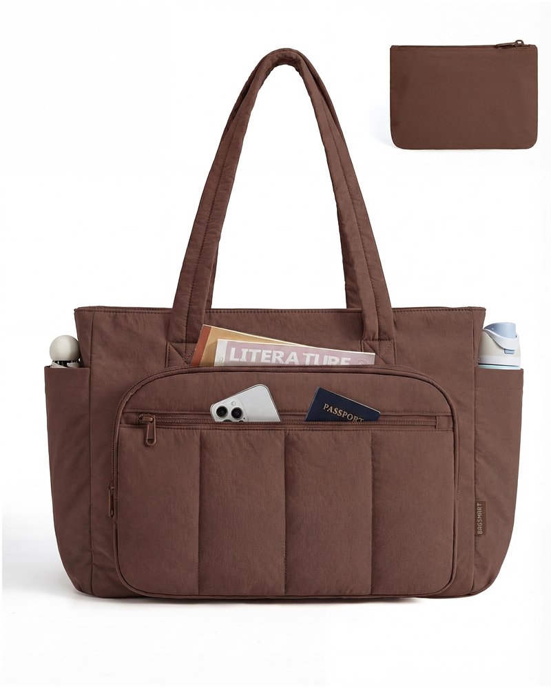 BAGSMART Tote Bag for Women, 2 Set Puffer Tote Bag with Zipper, Quilted Nurse Handbags for Work Travel College, Chocolate