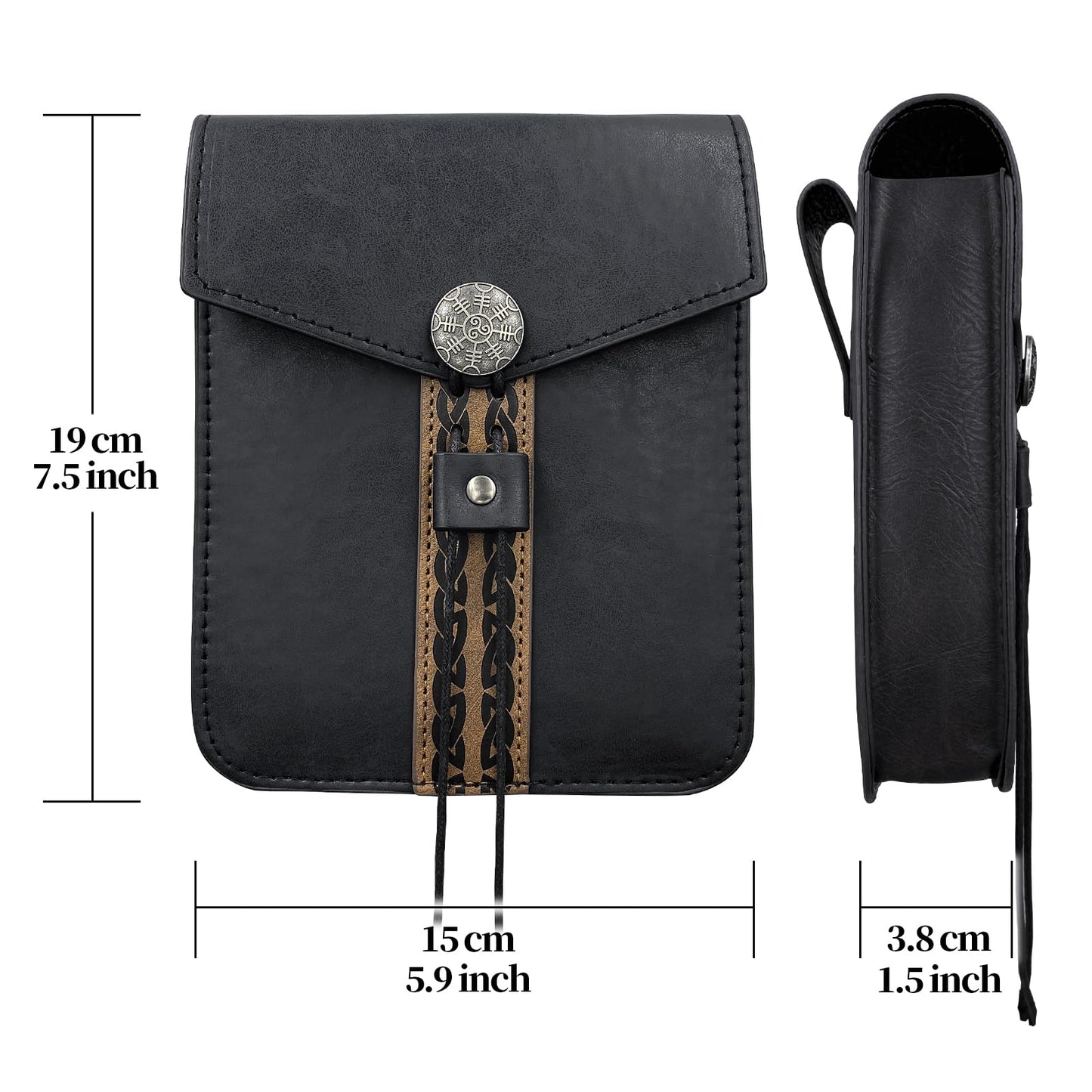 HiiFeuer Vintage Medieval Faux Leather Belt Bag, Retro Middle Ages Belt Pouch Waist bag, Portable Side Pack For LARP Ren Faire (Black A)
