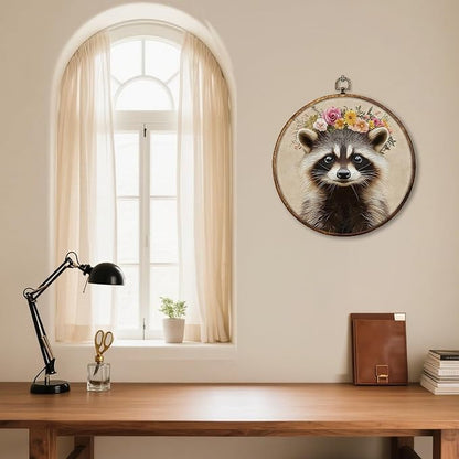 HUGANE Funny Floral Wreath Raccoon Round Wall Art Decor, Rustic Flower Racoon Trash Panda Hanging Canvas Framed Prints Wall Sculptures for Nursery Kids Room Home Bedroom Decor, 10x10 Inch