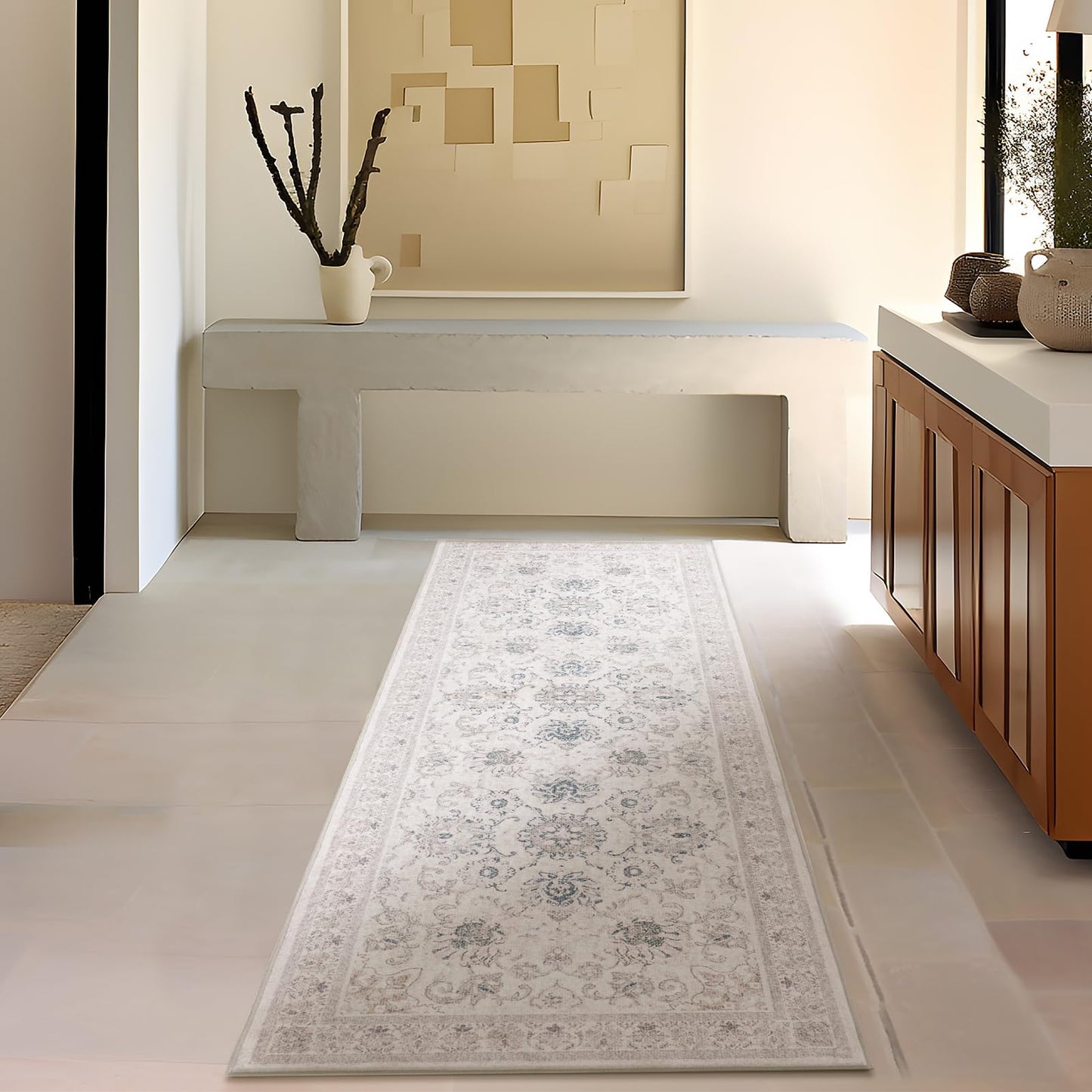 Phantoscope Washable Runner Rug 2'x6' Non-Slip, Vintage Neutral Hallway Rugs for Entryway, Stair, Bedroom, Distressed Boho Floral Medallion Pattern, Low-Pile Foldable Carpet, Cream Beige/Neutral