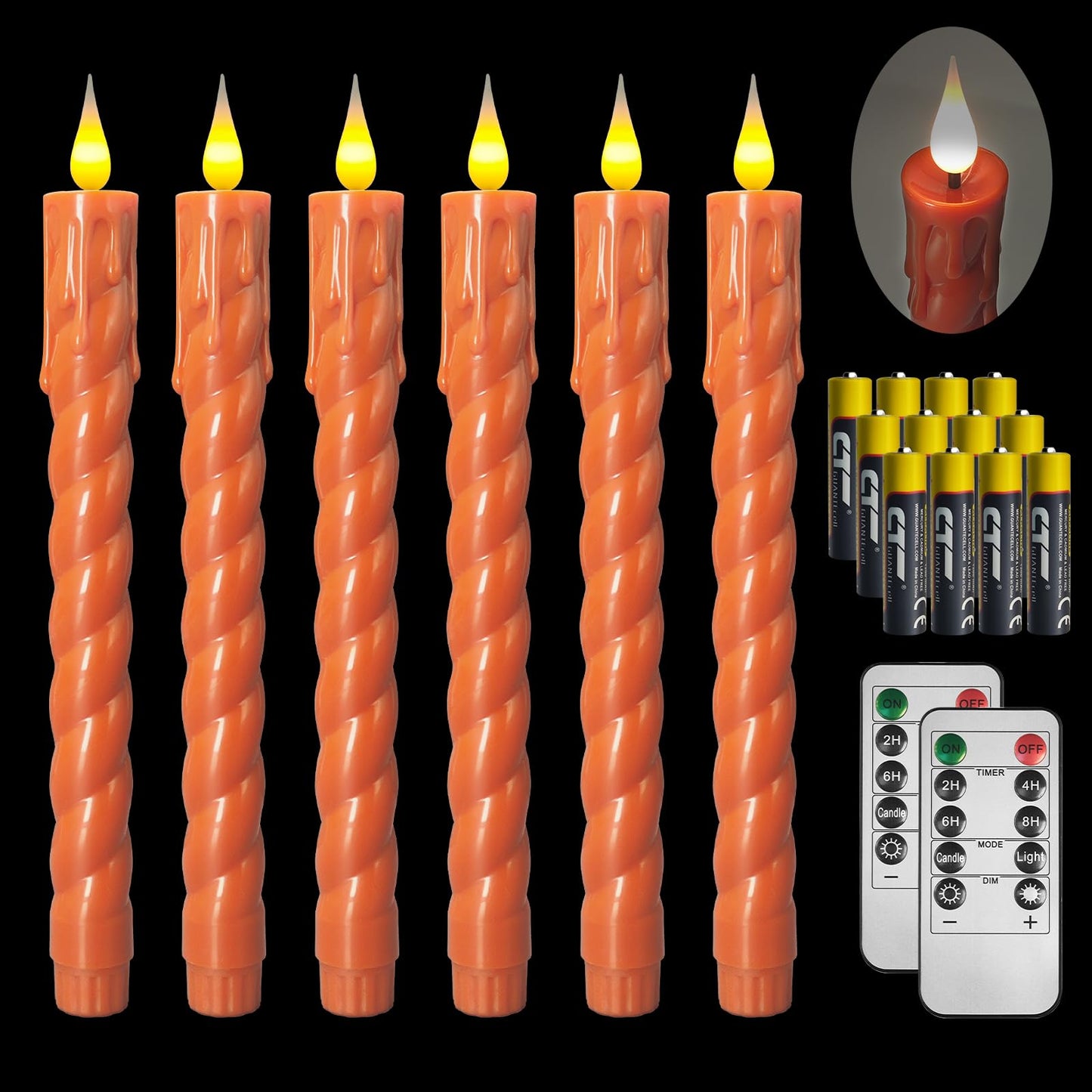 ODTRAM Flameless Taper Candles Flickering with Remote,Timer, Dimmer,9.7 Inch Orange 6 Pack Candle Sticks,Realistic Wax Drip,Battery Operated Candlesticks for Christmas Wedding Halloween Home Decor