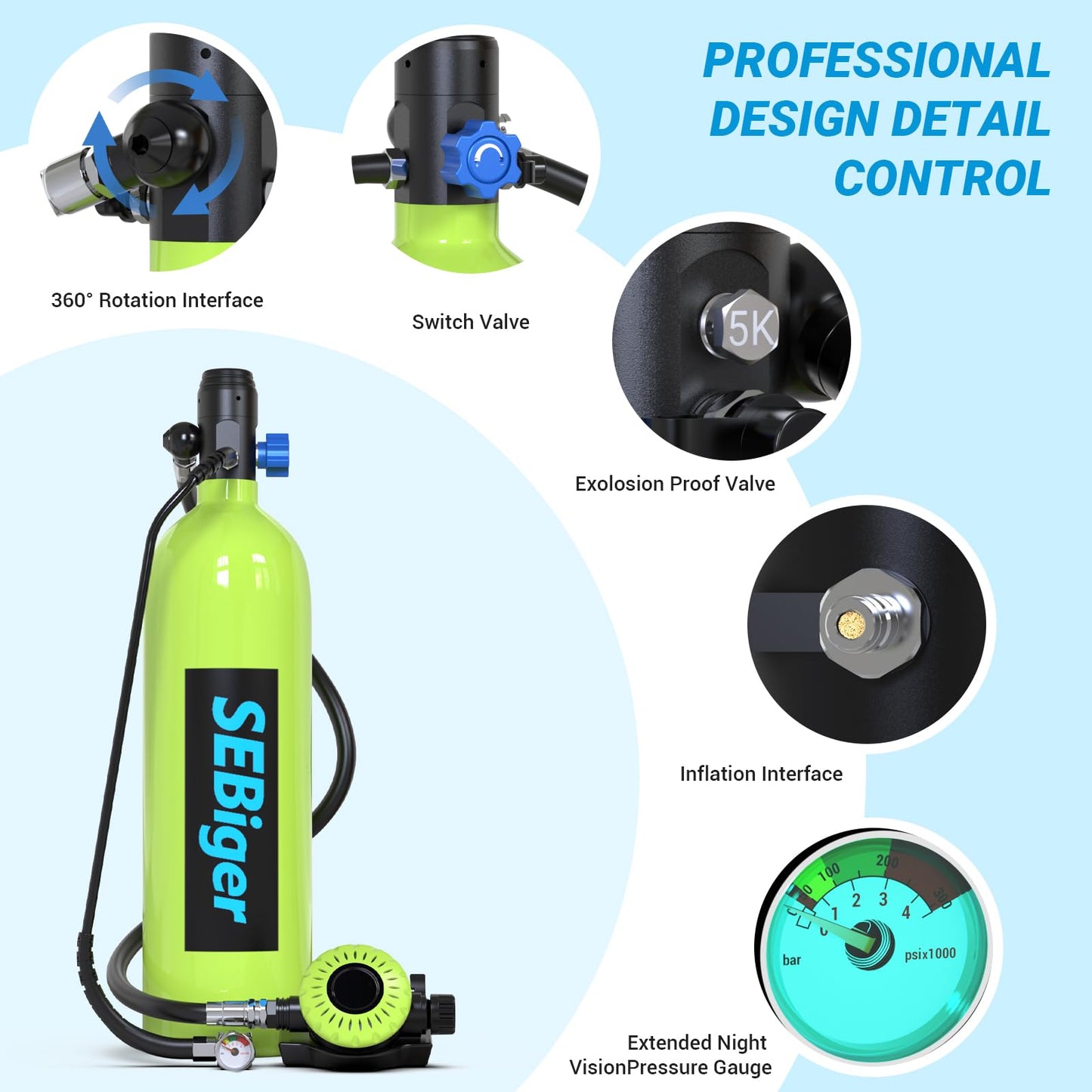 SEBiger Mini Scuba Tank 1.9L Support Underwater Breathing Reusable Diving Tank Kit with DOT Certified Pony Bottle for Underwater Exploration/Entertainment
