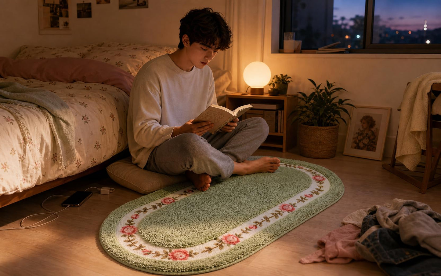 Stay Young Decorative Rose Flower Area Rug,Floral Bedroom Living Room Bathroom Kitchen Rugs Bath Mat,Romantic Fade-Resistant Rose Design,Super Soft and Non Slip,Green 17.71 x 49.21 Inch