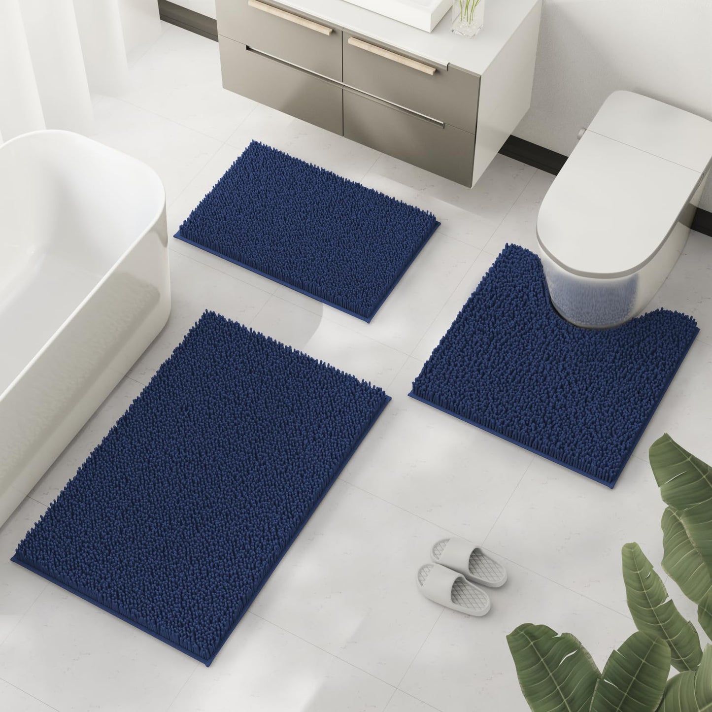 Bathroom Rugs Sets 3 Piece, Extra Soft Absorbent Chenille Bath Rugs, Non Slip Rubber Backing Machine Washable Quick Dry Bath Mats for Bathroom Floor, Tub, Shower, Home Decor Accessories, Navy Blue