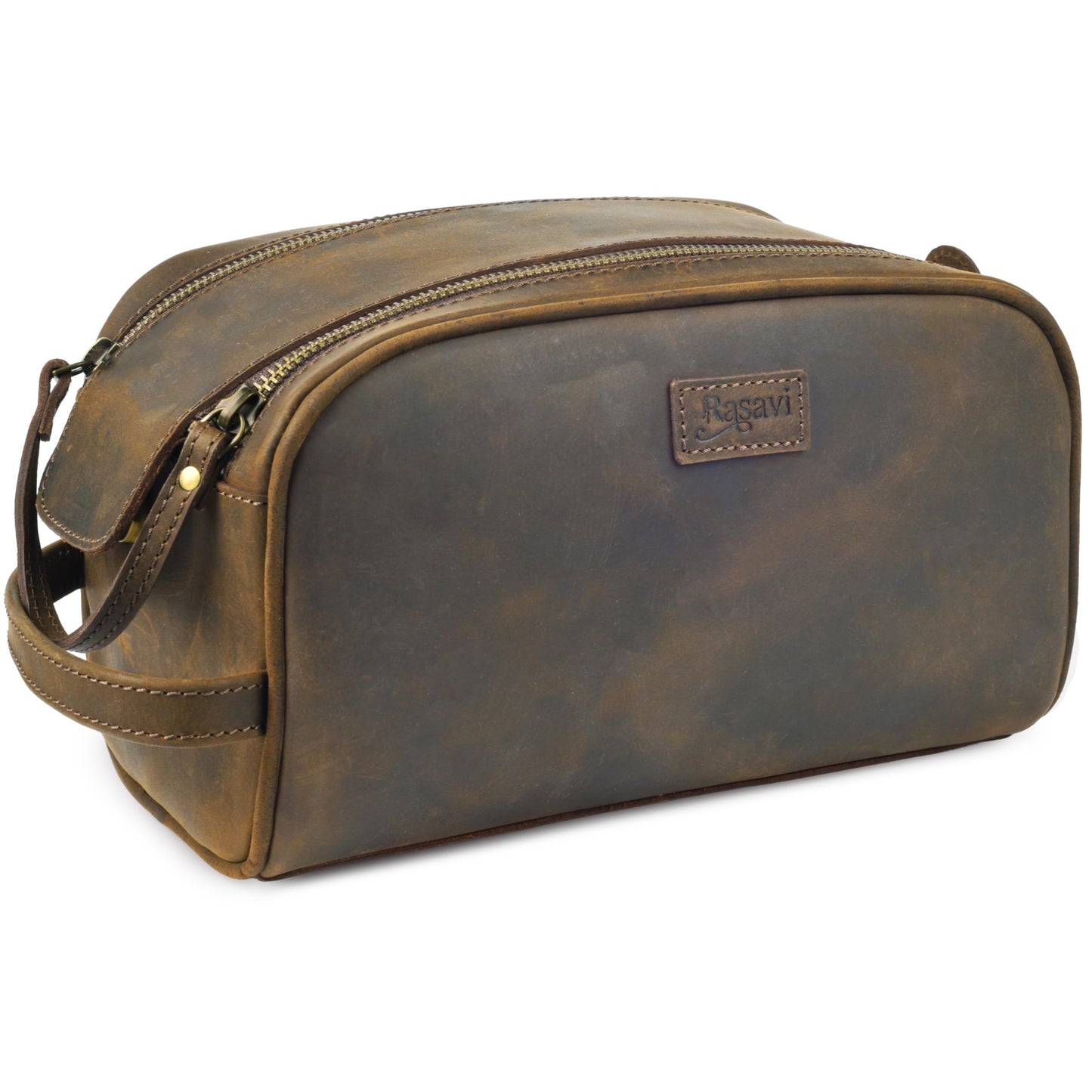 Rasavi Genuine Leather Travel Toiletry Bag, Handcrafted Vintage Water-Resistance Dopp Kit, Large Shaving & Bathroom Organizer - Gift for Men & Women - Rustic Town