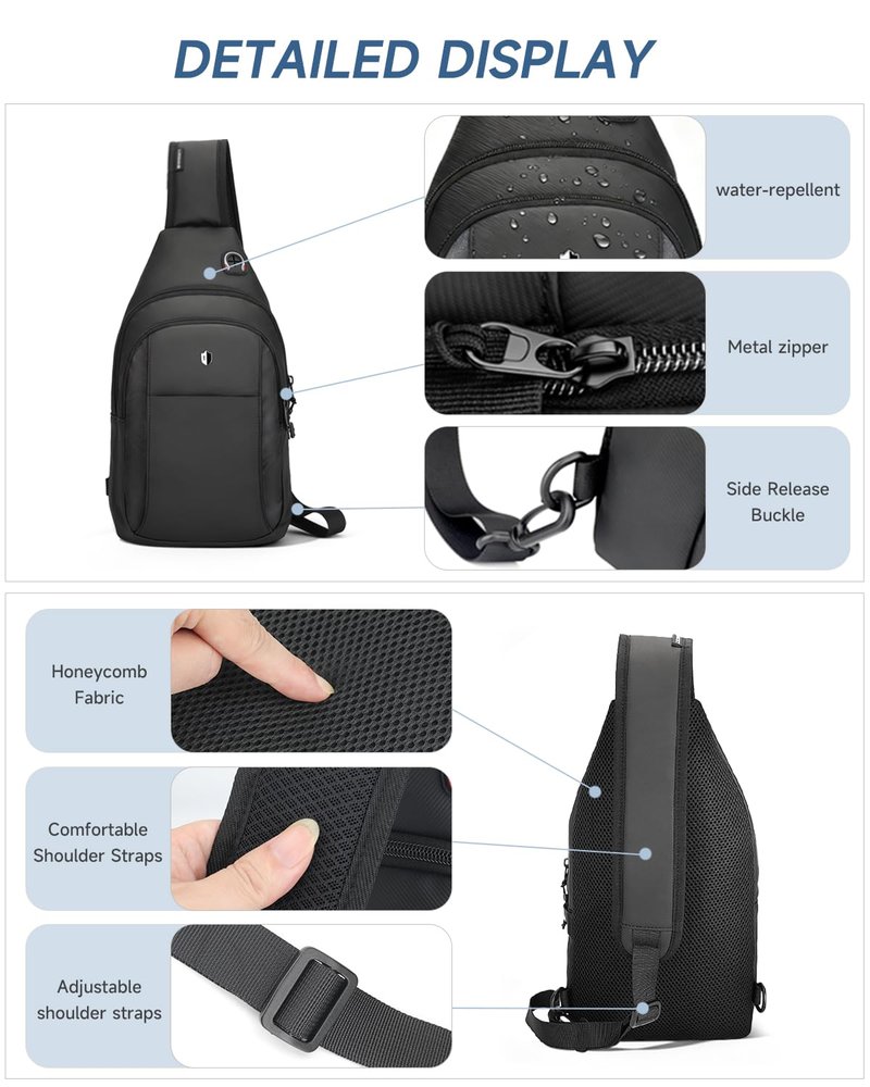 baaob Sling Bag for Men, Anti Theft Crossbody Bag with Lockable Zipper, Water Resistant Chest Bag Fits 11” iPad & Switch 2, Lightweight Sling Backpack for Travel, Work & Commuting