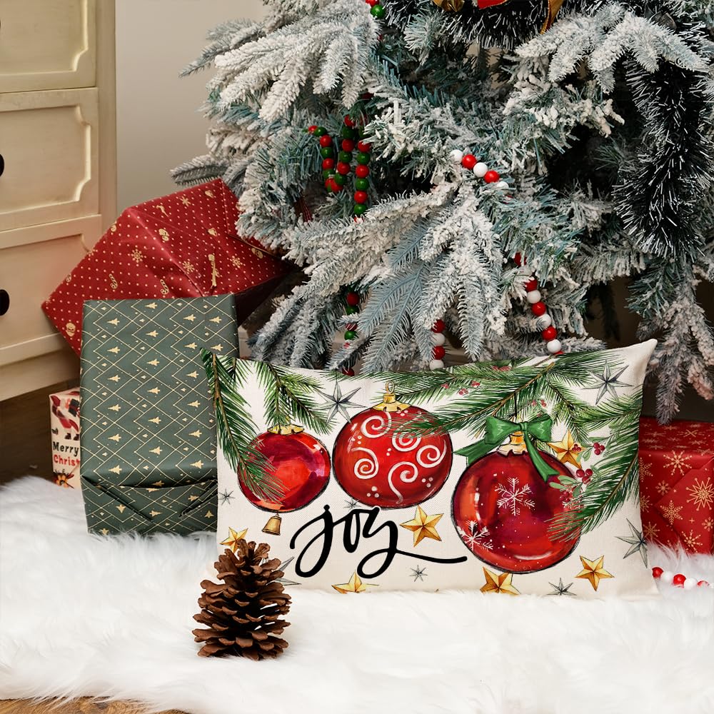 AACORS Christmas Pillow Cover 12X20 Inch Baubles Christmas Tree Stars Joy Decoration Holiday Farmhouse Winter Pillow Case for Sofa Couch Decor（Red） AA613-12