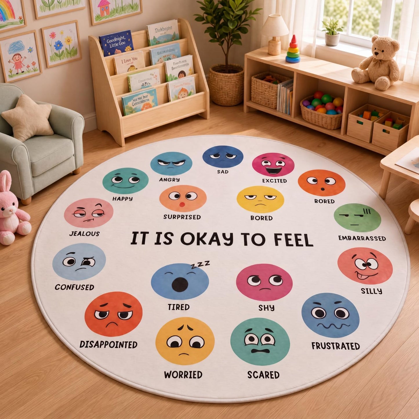Breling 6 ft Round Calming Corner Rug for Classroom, Feelings Chart Emotion Mat, SEL Circle Time Rug for Kids, Soft Washable Non Slip Sensory Mat Reading Nook Preschool Homeschool Playroom