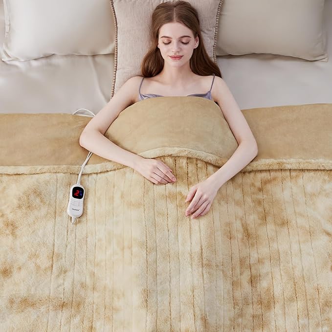 Guohaoi Heated Blanket Electric Throw, Soft Faux Rabbit Fur Electric Blanket with 10 Heating Levels 5 Sitting Timer Auto Off, Cozy Warm Heating Blankets, Machine Washable(84"×90" Beige)