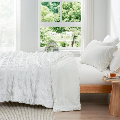 Cozy Bliss Cooling Comforter Full Size Seersucker Plaid, Q-Max 0.4 Reversible Lightweight Cooling Blanket, Breathable Silk Smooth Summer Bedding Quilt for Hot Sleepers Night Sweats White