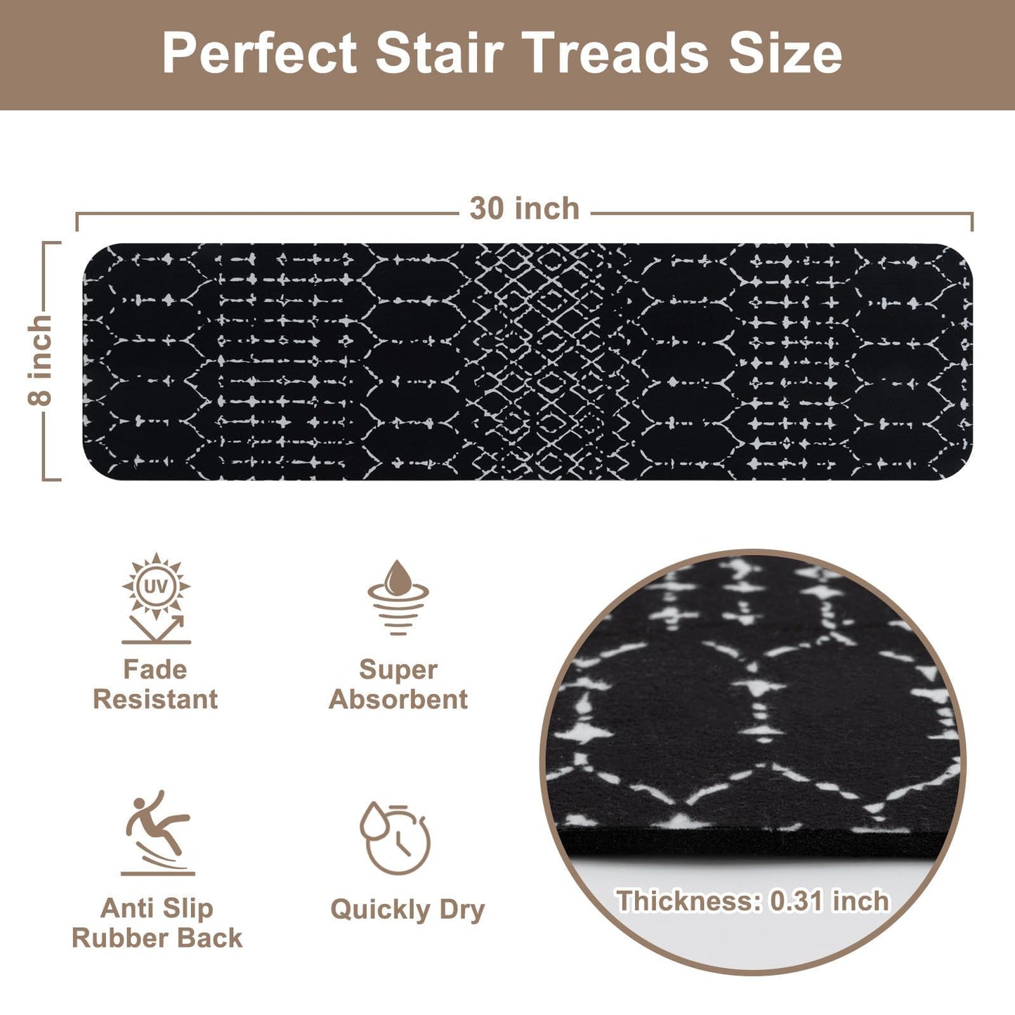 OJIA Stair Treads Non-Slip Stair Runners for Wooden Steps Indoor 15PCS 30"x8" Carpet Stair Treads Stair Mats Staircase Step Treads for Kids, Elders and Dogs, Stair Covers, Black