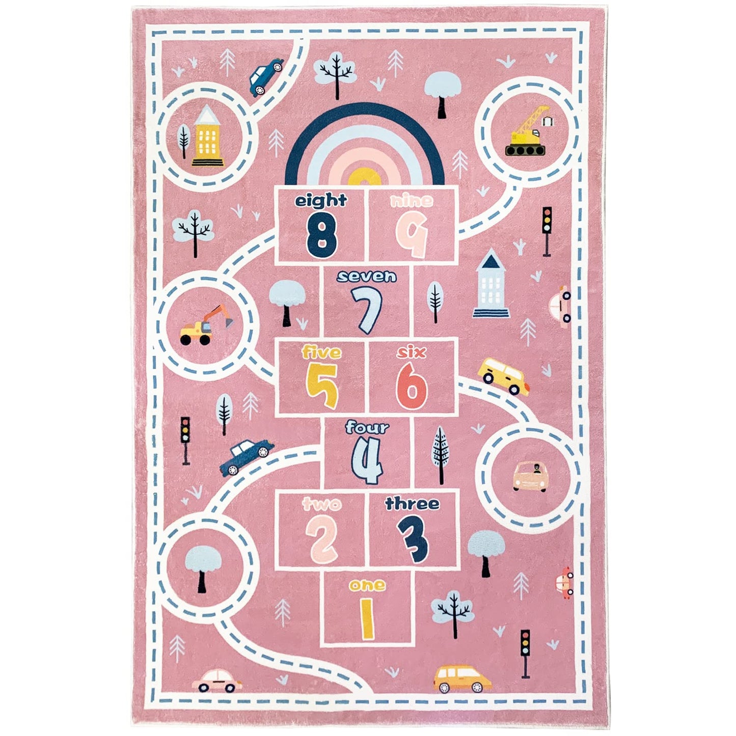 Abeigoi Kids Play Mat Hopscotch Car Area Rug 5x8Ft Extra Large for Girls Bedroom Soft Classroom Educational Learning Children Preschool Car Road Boys Gift, Pink
